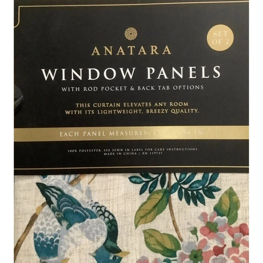 Anatara Birds & Flowers Curtains 37x 84 Window Panels Drape Floral Set Of 2 NEW